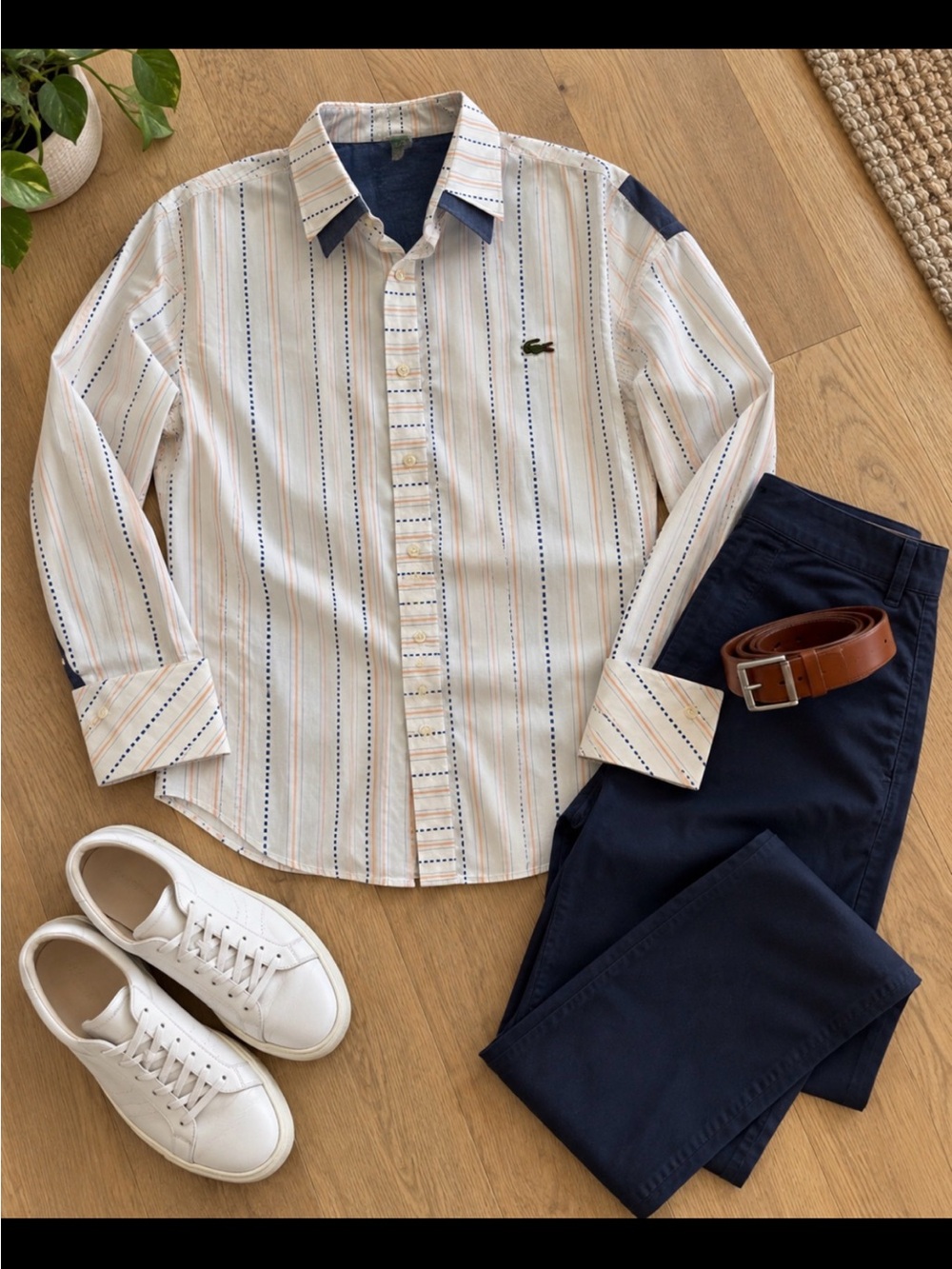 Lacoste Men’s White Stripe Button-Down Shirt with Navy Accents